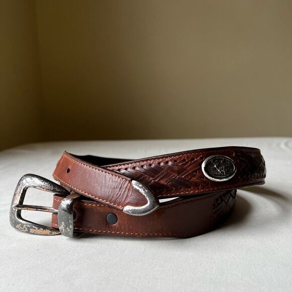 Vintage Western Leather Deer Belt Silver Buckle Conchos Braided Size 42 - Picture 7 of 11